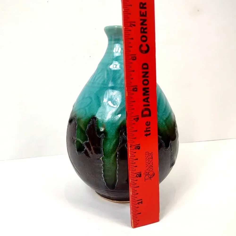 Vintage Art Pottery Drip Glaze Vase w Dragonfly’s Brown Turquoise 71/4” MCM